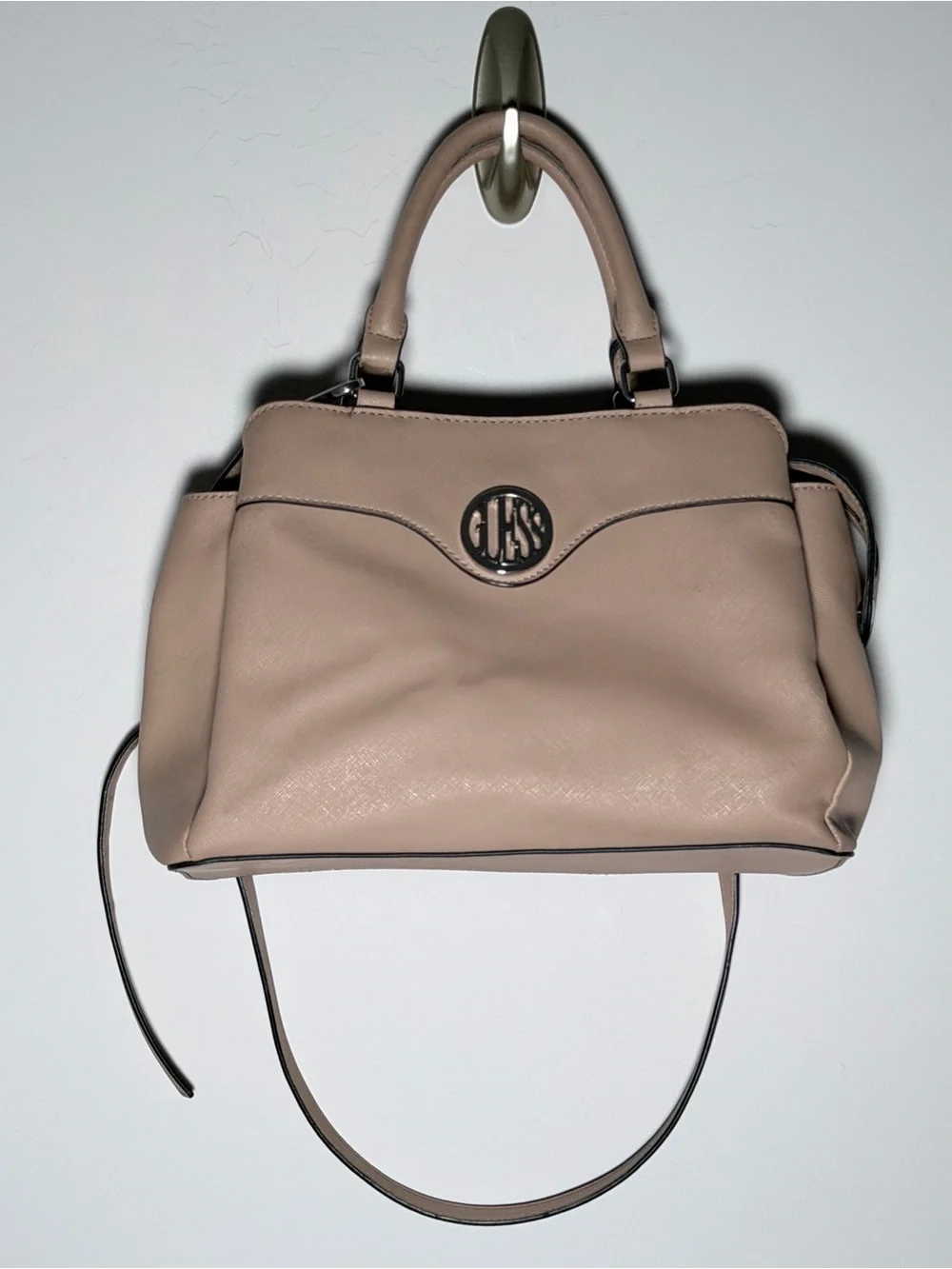 Guess Blush Taupe Leather Satchel with Logo Medallion w/ Card Wallet Holder